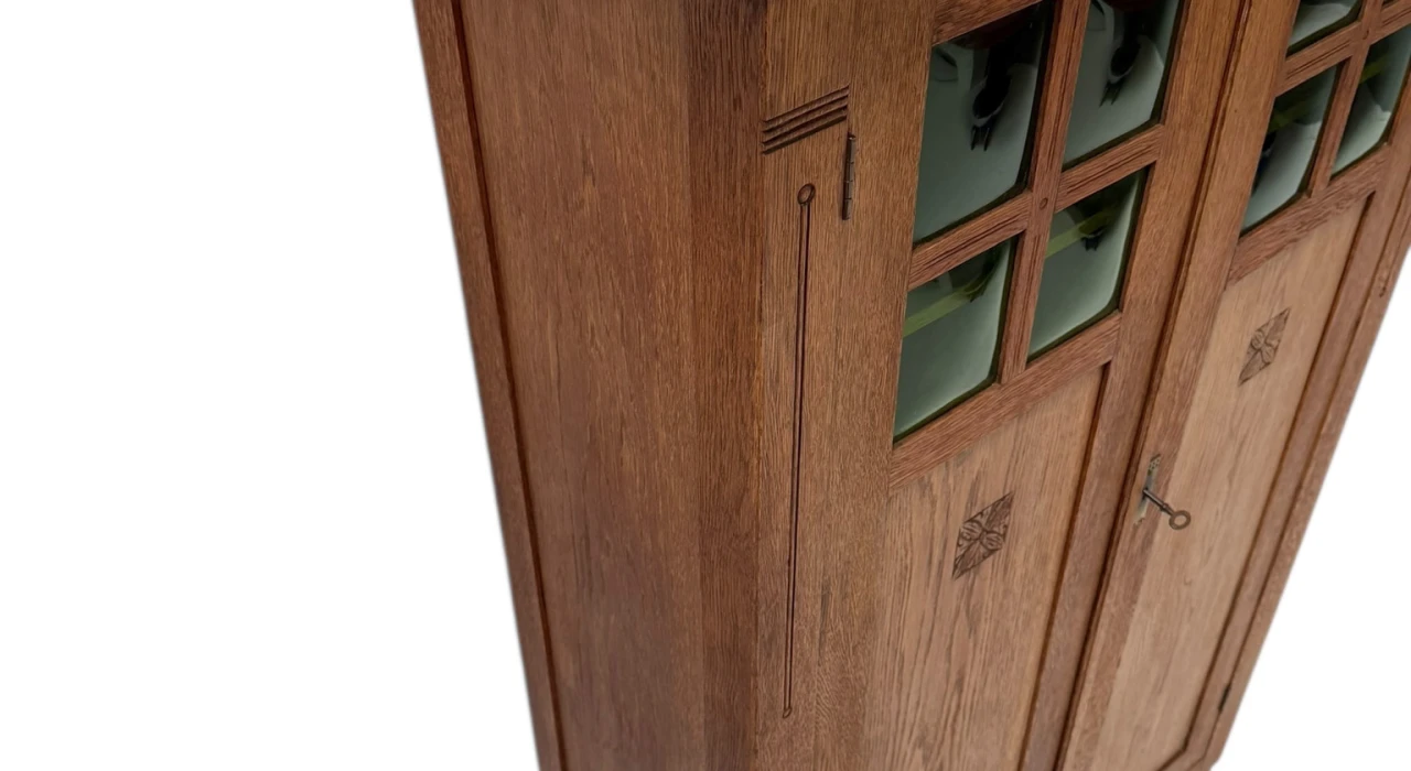 Arts & Crafts Art Nouveau Bookcase with Original Green Glass, 1900s